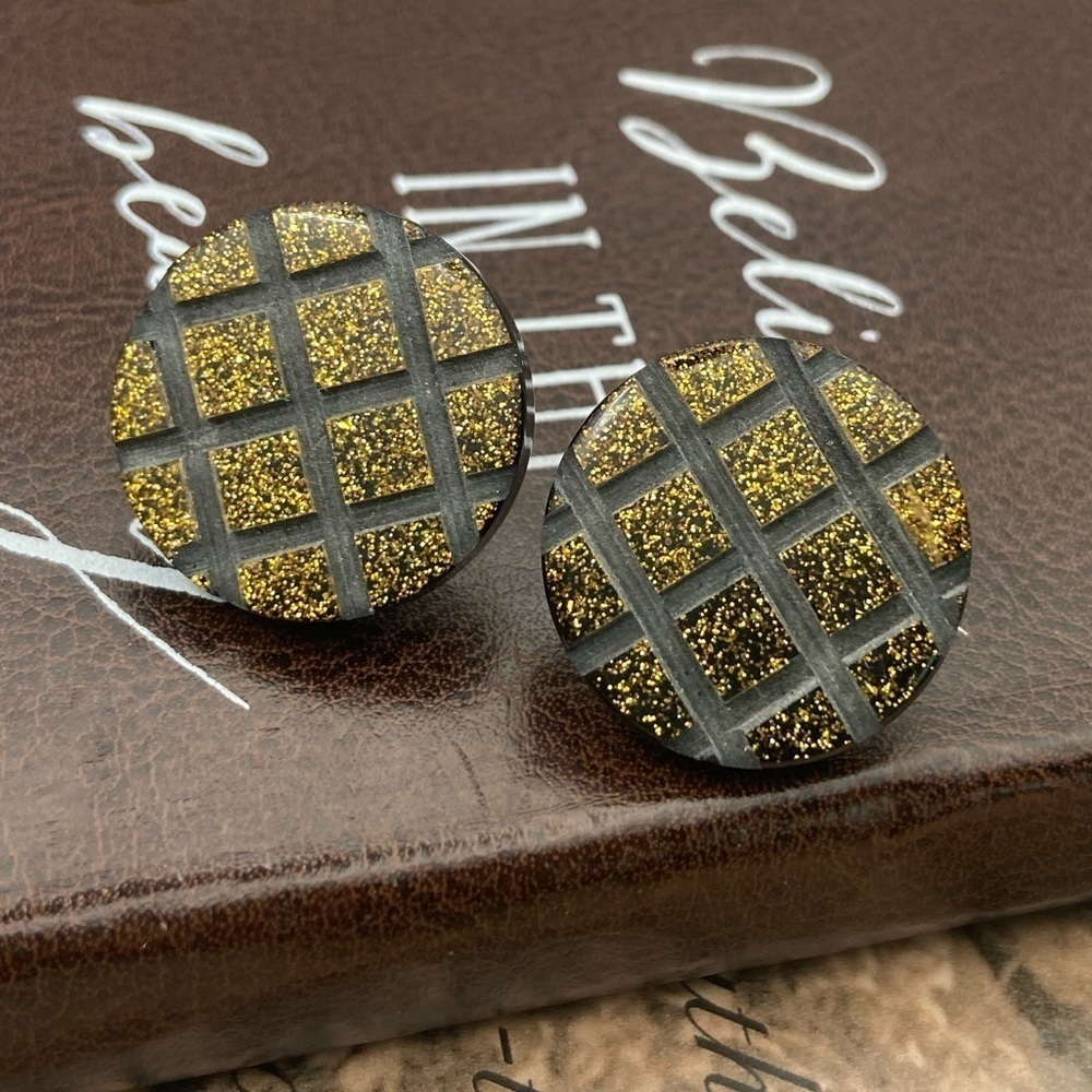 Vintage Cabochon Gold Glitter Checker Statement Stud Earrings